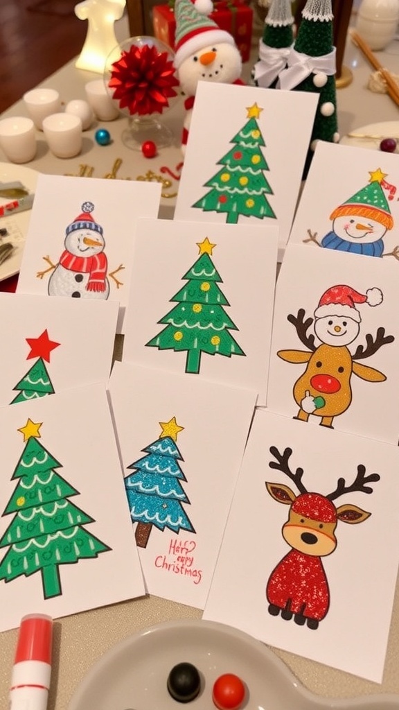 Handmade Christmas cards with cute drawings of snowmen, trees, and reindeer, decorated with markers and glitter.
